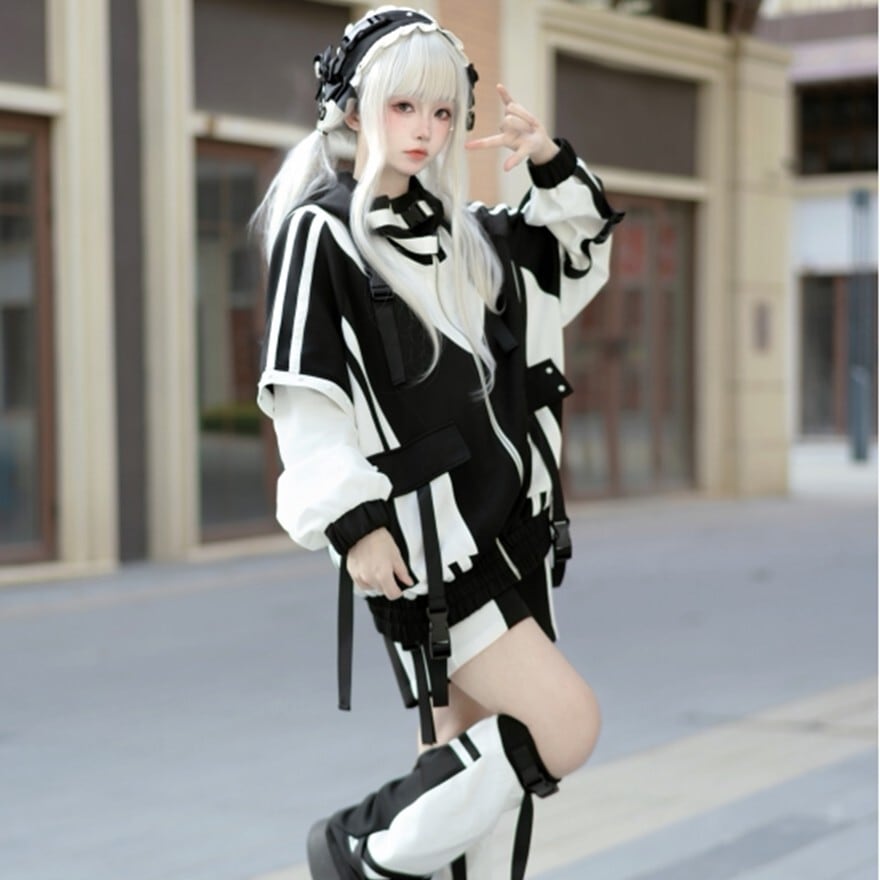 【あげは】すの ソフビ 服 オーダー 電脳系パンク｜配色切替フーディ4点セット（アウター＋ショートパンツ