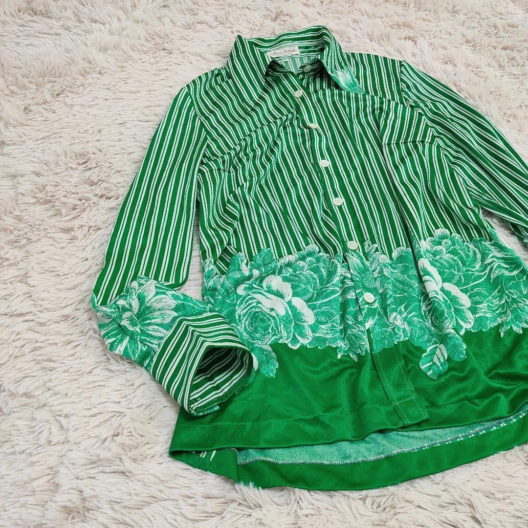 【ヴィンテージ】 80s レディース ポリシャツ 緑 L 個性的 昭和レトロ