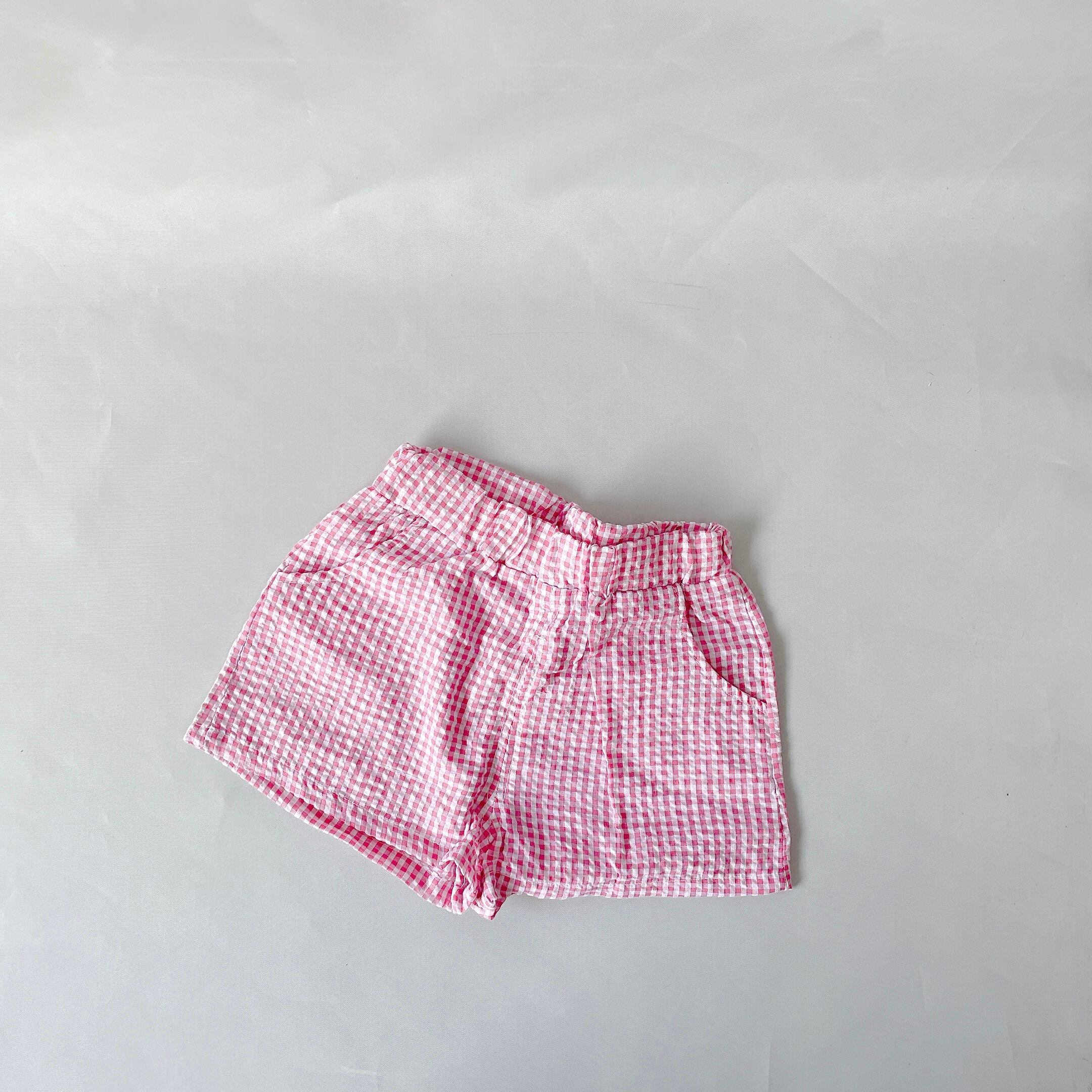 ギンガムチェック セットアップ ノースリーブ ブラウス ショートパンツ ピンク ベージュ 韓国子供服 キッズ ジュニア 90-130 one heart happiness*こどもふく 110 韓国子供服 シャツ ブラウス ショートパンツ セットアップ ピンク