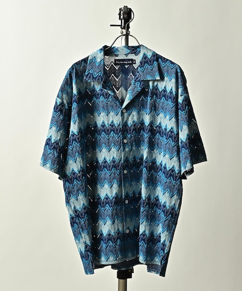 Many men ,many minds. loose silhouette sheer wave pattern lace S/S shirt (BLU) M2315030