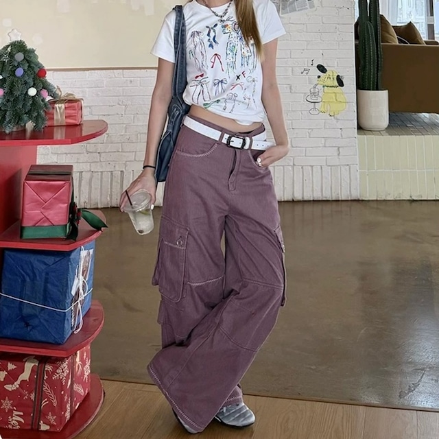 コントラストステッチワイドシルエットカーゴパンツ 2col R02455