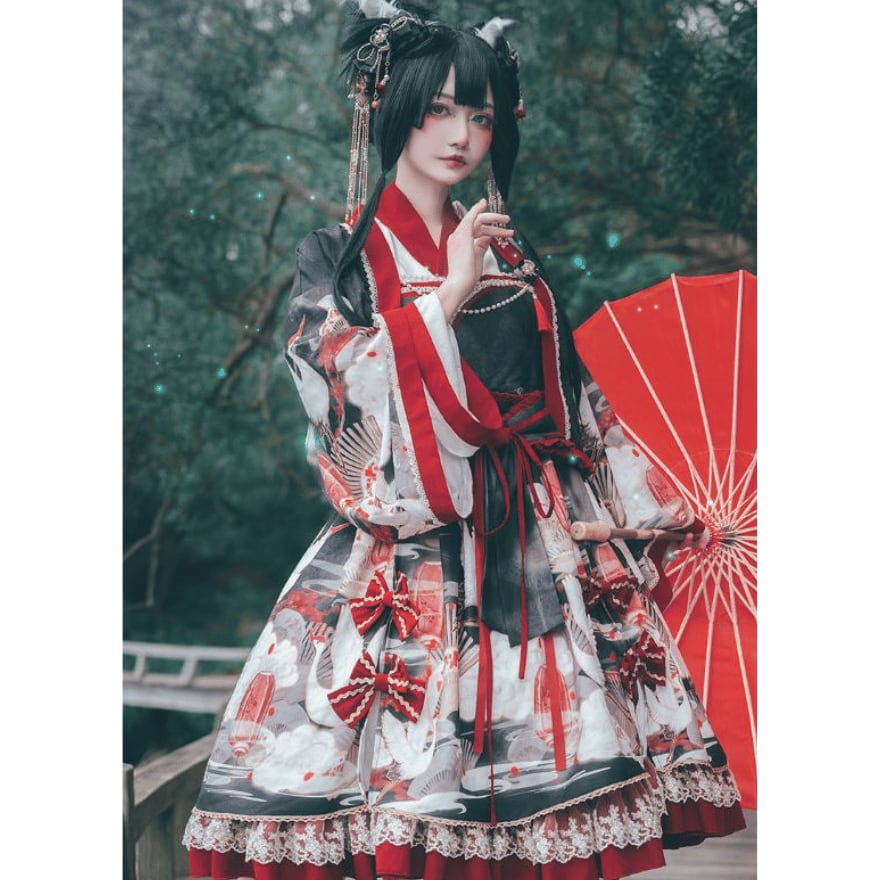 即納 黒Sサイズ】和ロリ 鶴と扇の和柄 ロリータ 着物風 JSK+羽織 豪華