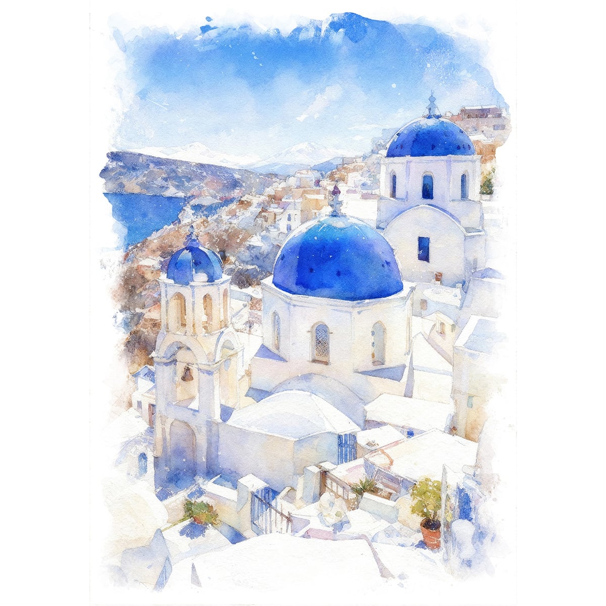 絵画 風景画(街並み)ギリシャ サントリーニ島 インテリアアート額付き 水彩画・油絵風 WAT1411