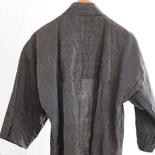 半纏 法被 古布 木綿 着物 縞模様 ジャパンヴィンテージ リメイク素材 昭和 | hanten jacket happi coat men stripe kimono japan vintage handwritten kanji