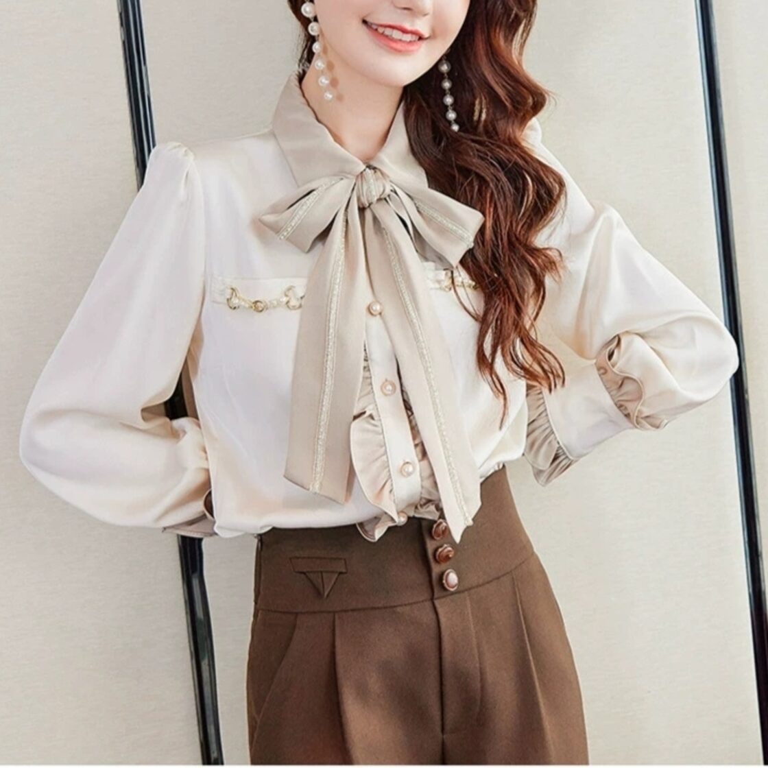 秋服 リボン付き 上品 通勤 デート 可愛いベージュトップス | PAY ID