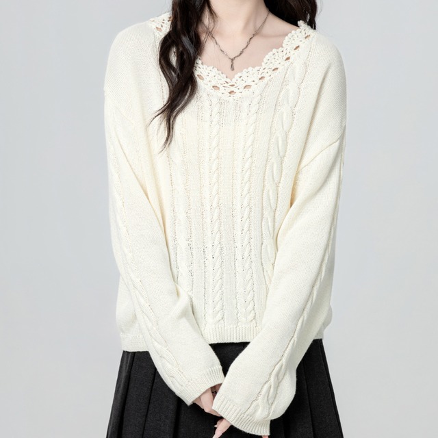Lace Neck Cable Knit Sweater　R0220