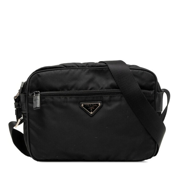 プラダ 三角ロゴプレート ショルダーバッグ ブラック ナイロン レザー レディース PRADA 【中古】