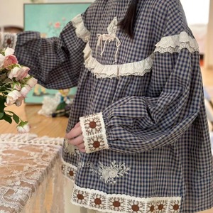 【国内発送】お花刺繍レース チェックブラウス Y 11148