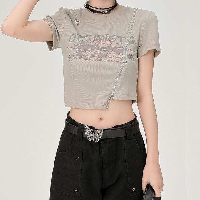 リメイクオーバーT 短丈 ストリート y2k ストリート Tシャツ ファスナー ジッパー アシンメトリー 不規則デザイン ショート