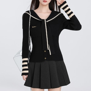 sailor-collar ribbed knit cardigan m1316