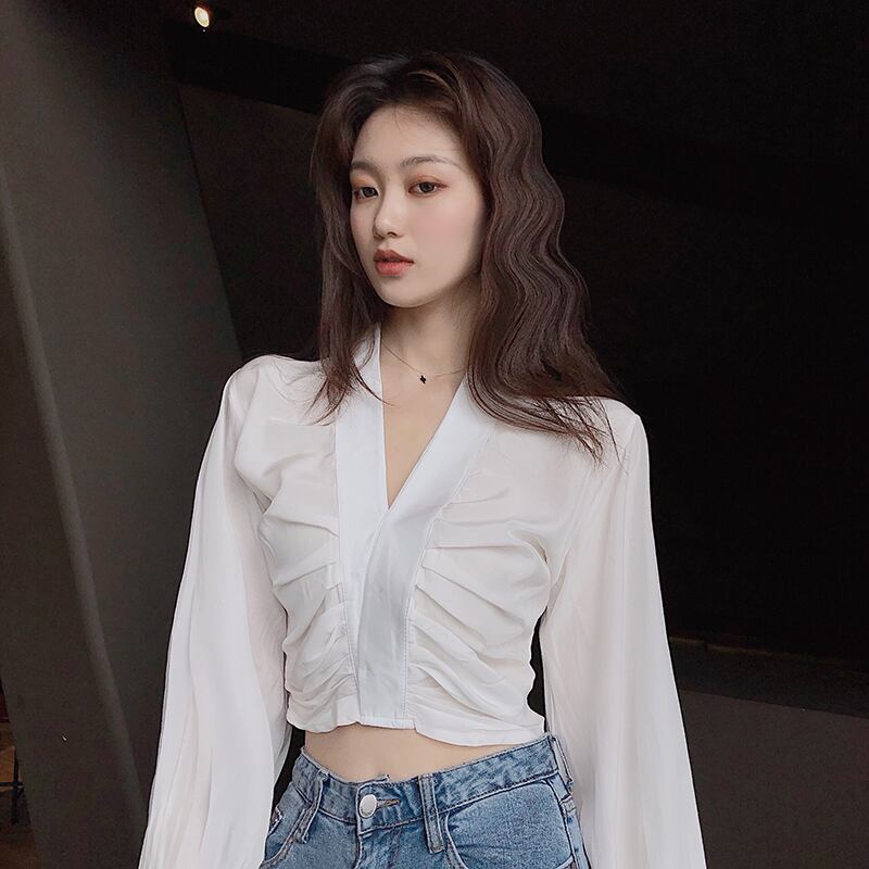 サマースタイルショートホワイトシャツ Vネックトップス ロング 夏物 YY-ファッション80156682829