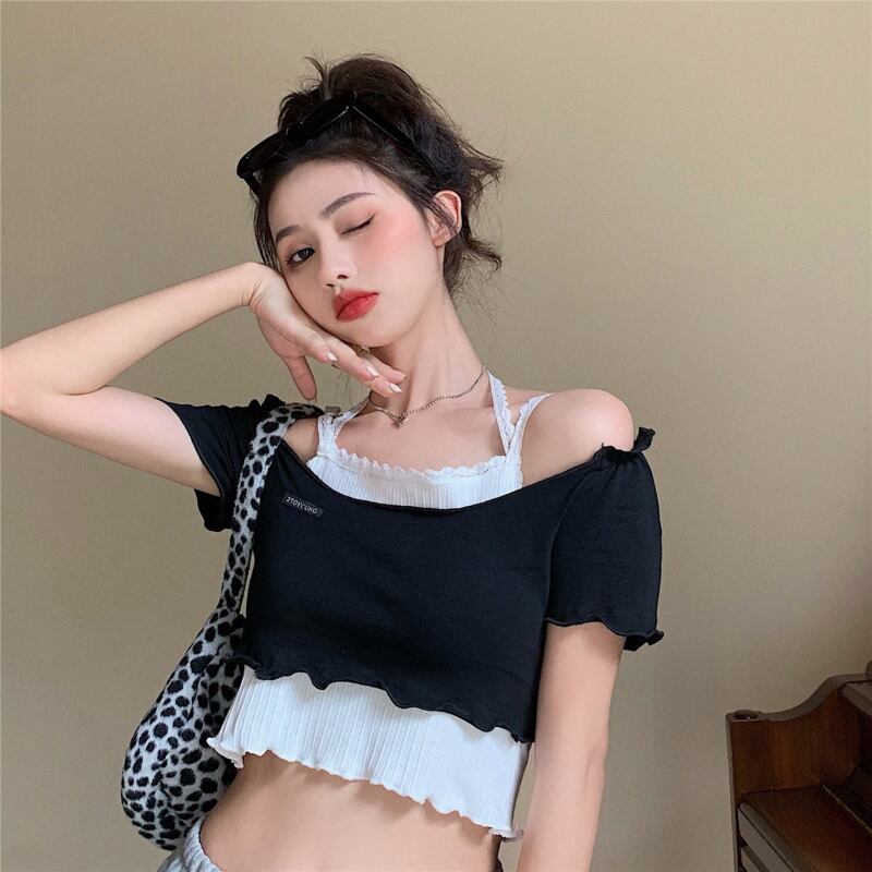 レーススプリングオータムショートホワイトノースリーブトップス 春物 秋物 ブラックストロベリース96260785050