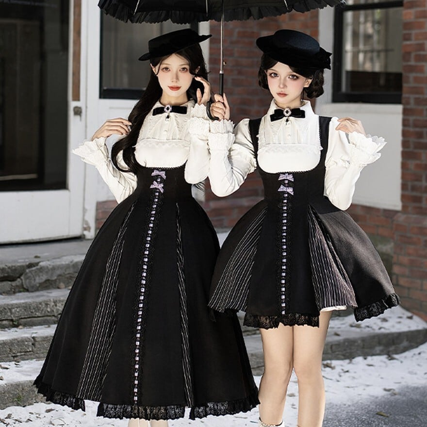 クラロリ5点セット ロングスカート 黒×白 編み上げロングJSK ブラウス