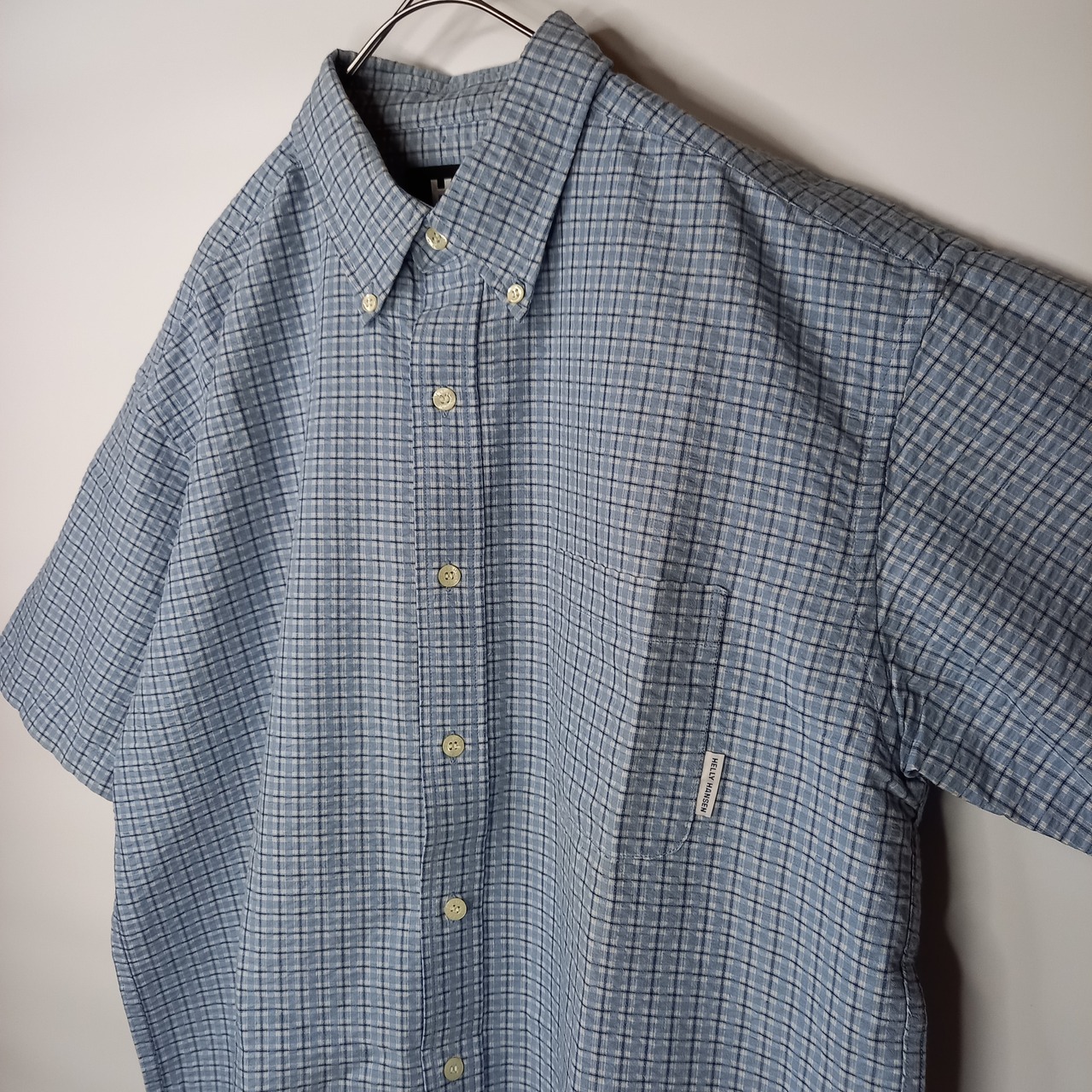 ヘリーハンセン　シアサッカー　BDシャツ　半袖　チェック　青　L