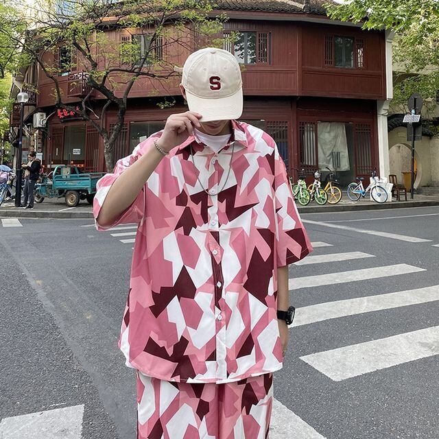 予約販売】メンズ セットアップ 上下 総柄 ハーフパンツ 半袖シャツ 非