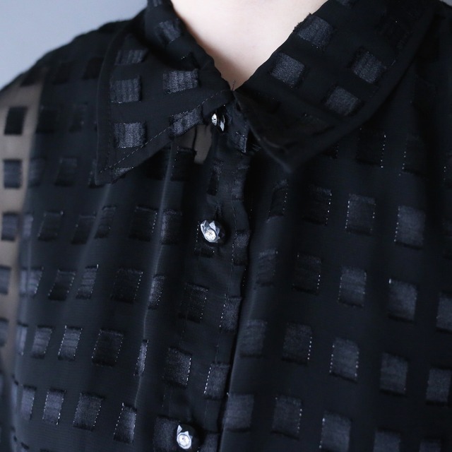 taping block sheer fabric crystal button design over silhouette shirt
