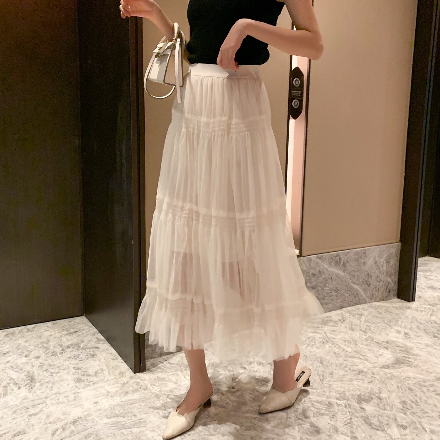 スプリングスタイルハイウェストウェストルーズメッシュスカート ブラックAライン 春物 6Du_Shop_Women51368793612