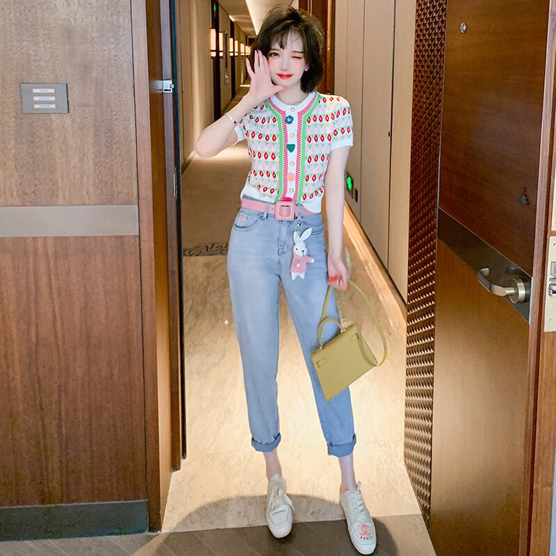 ジャカードニットトップス スタンダードパンツ ジーンズ スプリングスタイル レトロ 春物 MIUCO92250929296