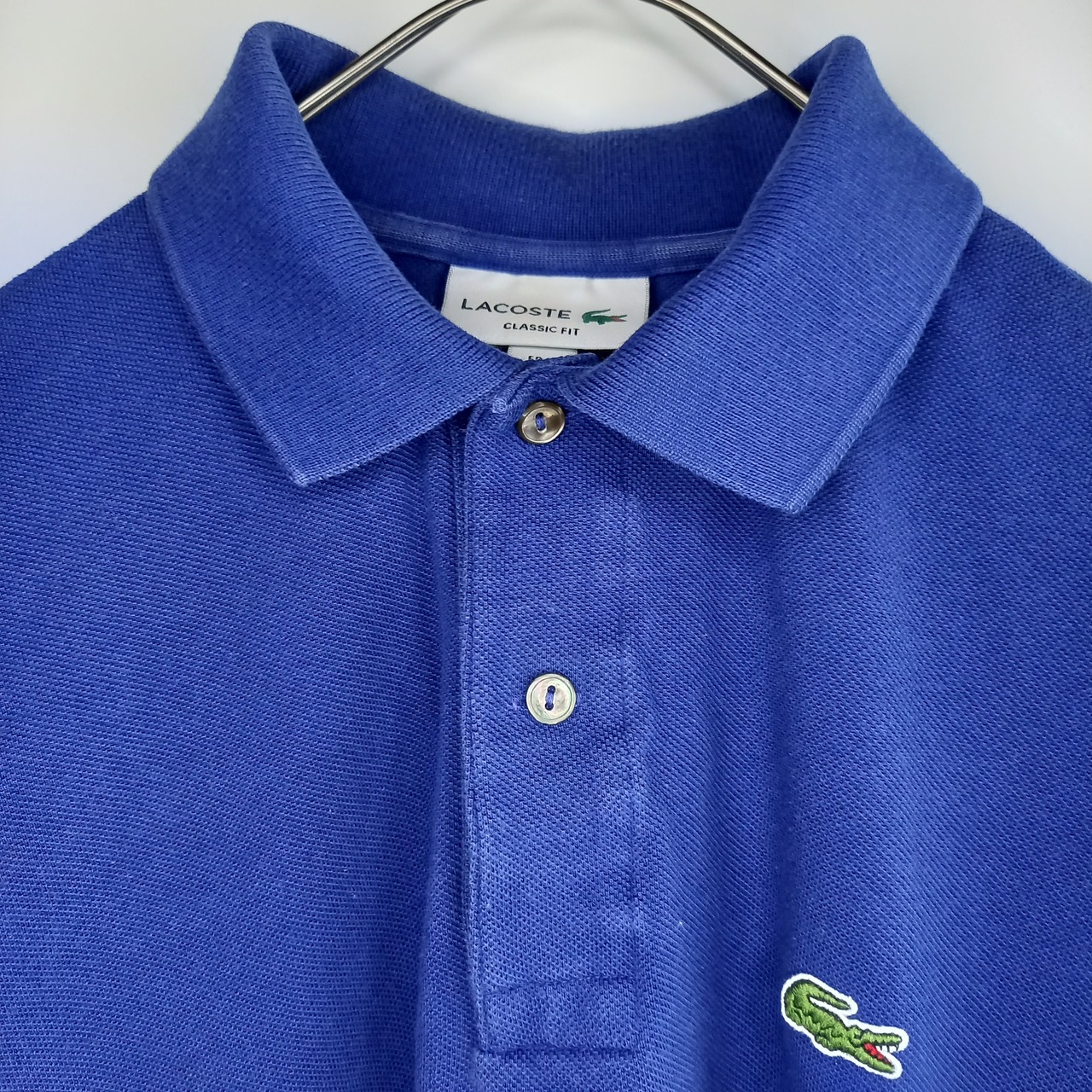 ラコステ　ポロシャツ　半袖　シェルボタン　刺繍ロゴ　ユーロ古着　ネイビー