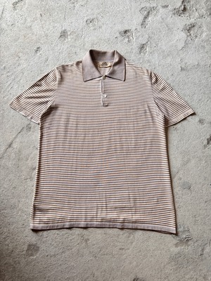 90s HERMES/Border Polo Shirt/ITALY製/L/ボ－ダ－柄ポロシャツ/シェルボタン/ベ－ジュ/エルメス