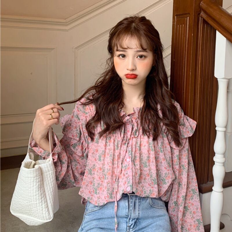 フローラルシャツ スプリングオータムシフォンブラウス ロング 春物 秋物 花柄 1号婦人1034149010