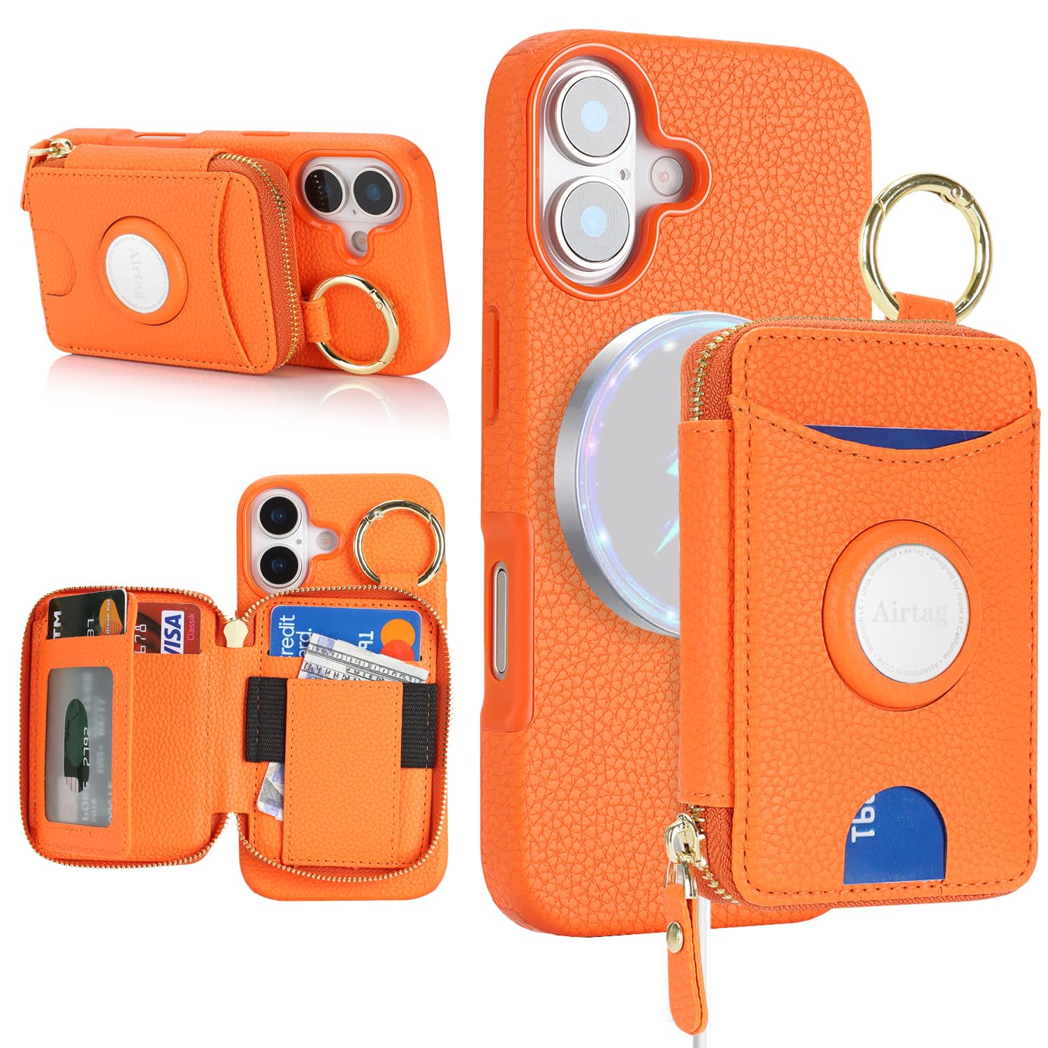 Cavor 対応iphone17ケース手帳型iphone17 財布型カバーMagSafe小銭入れ iphone17 MagSafe カードケース2ピース型 AirTag専用スロット搭載 Apple検索ネットワーク対応アイフォン17 カード収納 Case カードケースgps 2-in-1脱着簡単 横置 リングデザイン 二重保護 落とし防止チェーン消磁防止-オレンジ