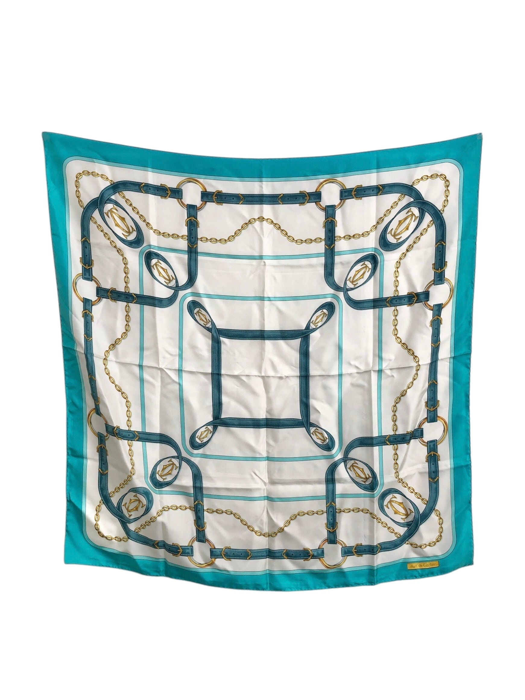 Cartier カルティエ スカーフ ホワイト ブルー ロゴ シルク vintage ヴィンテージ オールド v2jmna