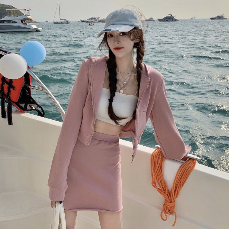 ショートジッパーセーター ジャケット ハイウェストウェストAラインスカート ロング ピンク クレセントシティ15994816053