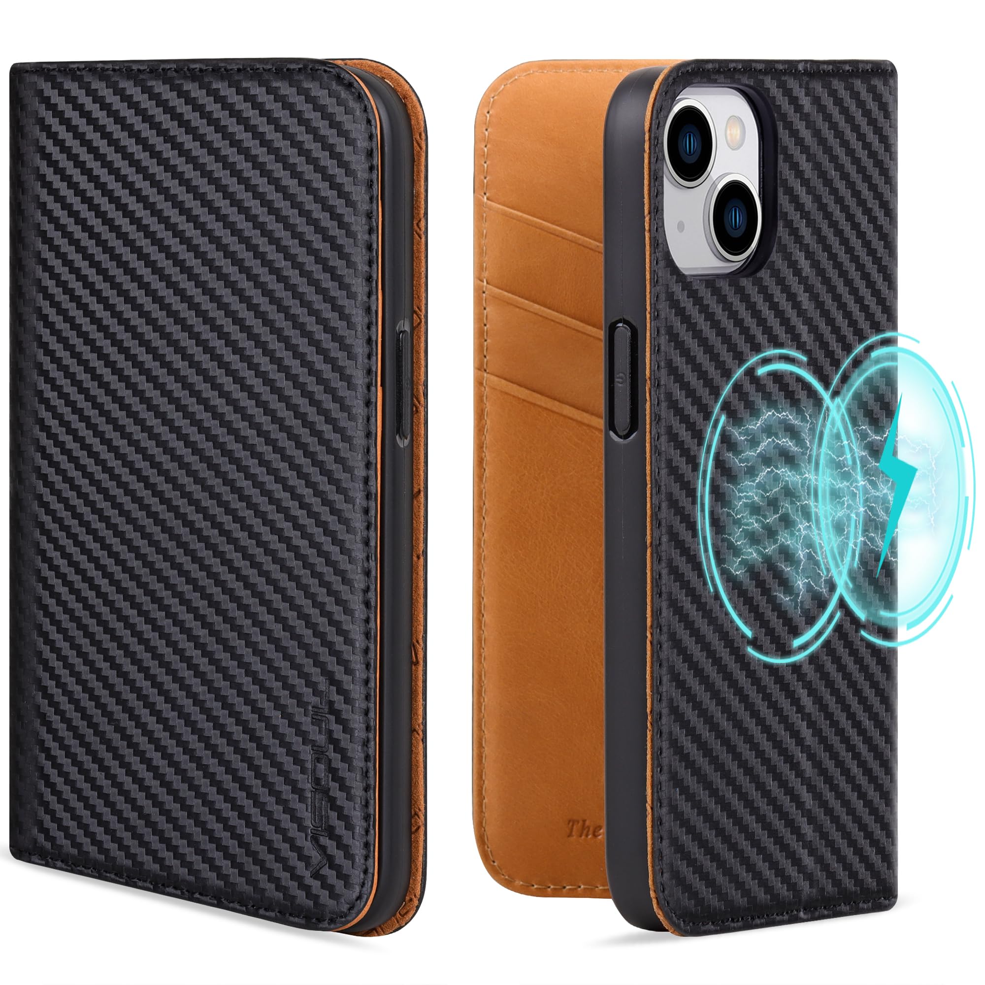 VISOUL iPhone15 ケース 手帳型 本革 MagSafe対応 アイフォン15 ケース 手帳型ケース スマホケース レザーケース カード収納 携帯カバー 全面保護 柔軟なTPU素材 マグネット式 スタンド機能付き アイホン 15 カーボンレザー カーキ