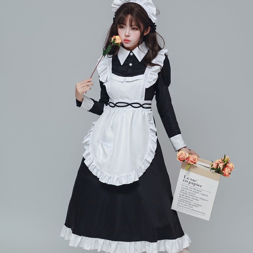 クラシカル メイドワンピース ロングスカート 黒白フリルエプロン