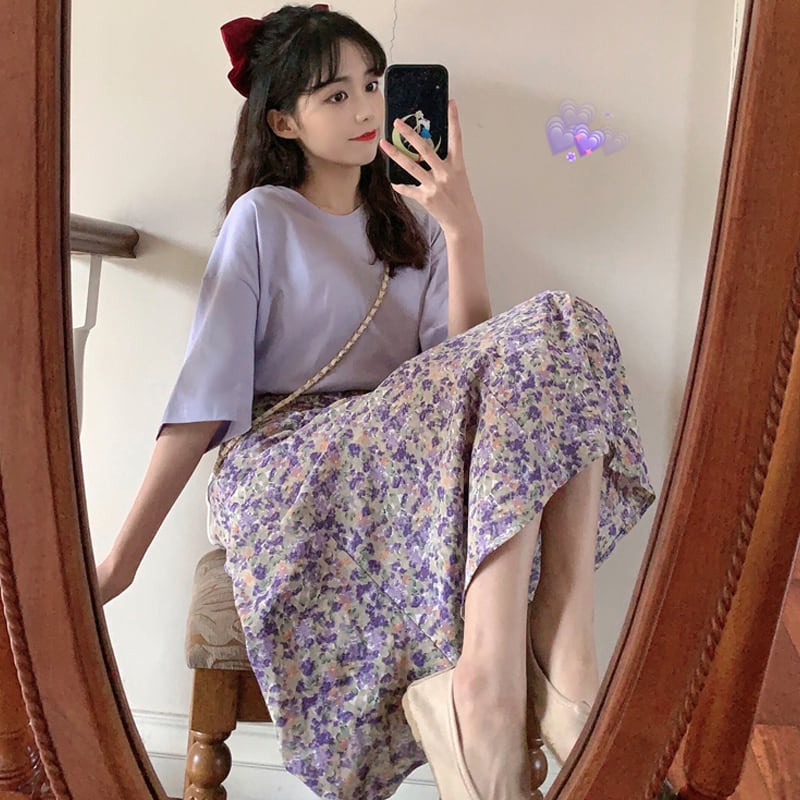 スプリングレディースシャツ ハイウェストフローラルスカート スタイル 春物 花柄 パープル 試着室9069571837
