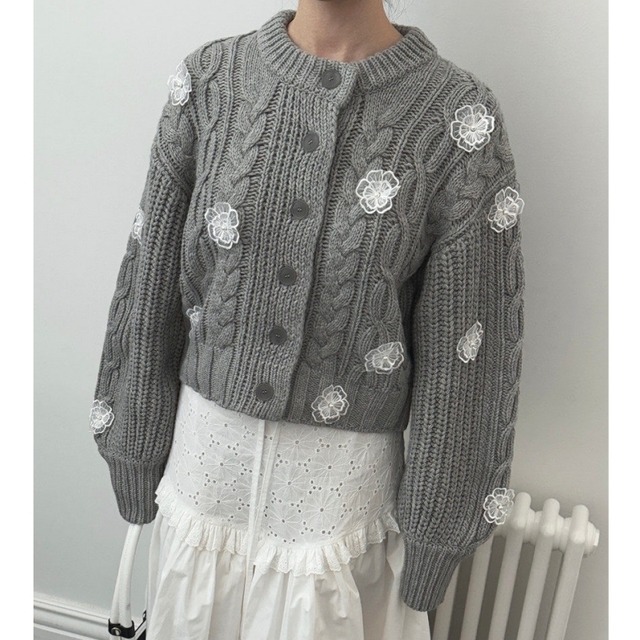 全3色/Cable knit flower cardigan　B4076