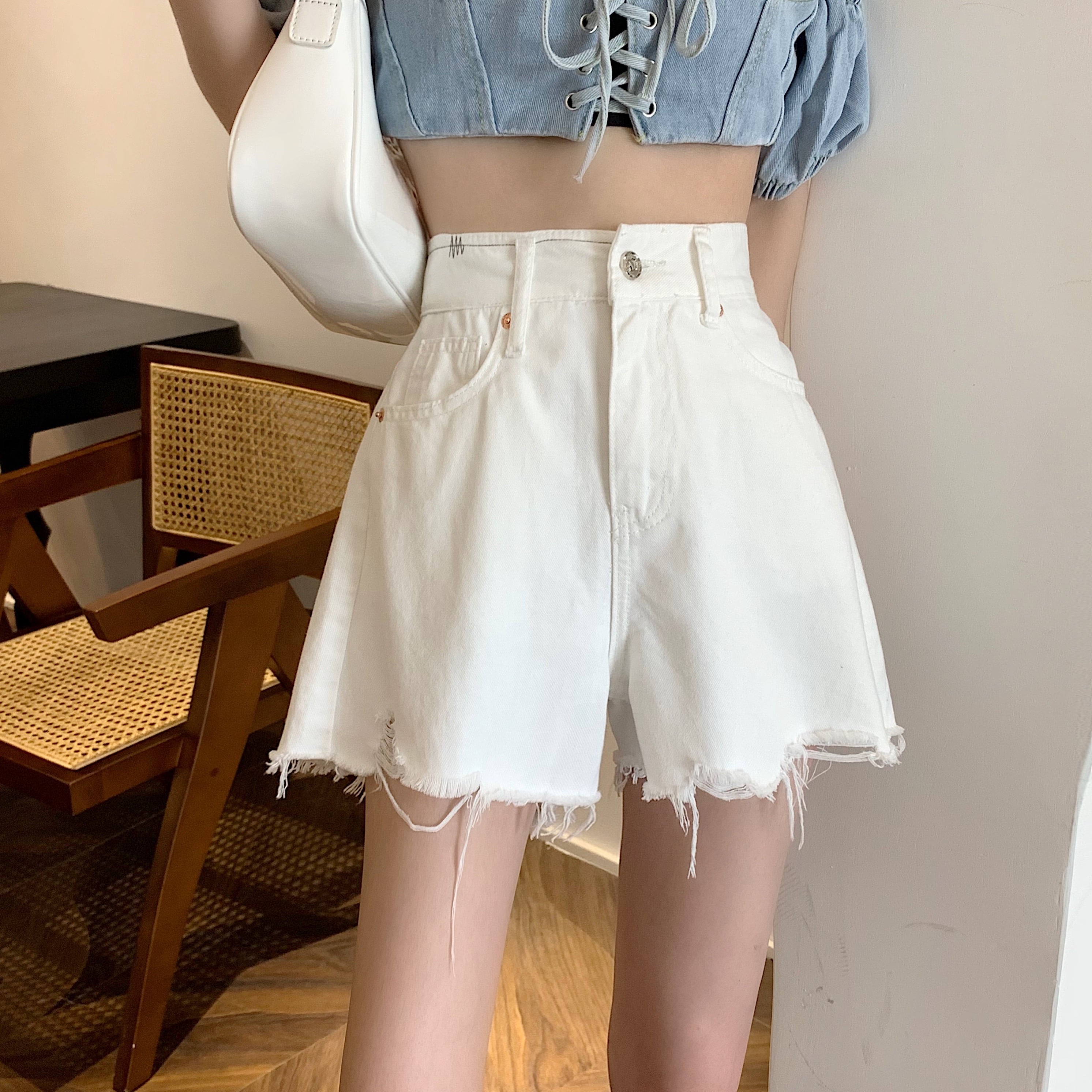 ホワイトショーツ サマー薄手ハイウェストウェストパンツ ルーズAライン 夏物 ブルマー 1号婦人30730044364