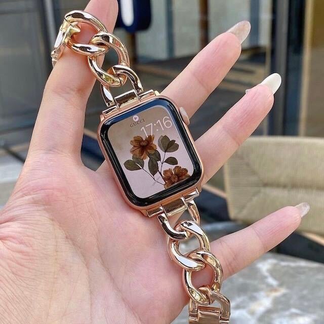 Apple Watch チェーンバンド ゴールド レザーブラック 44mm