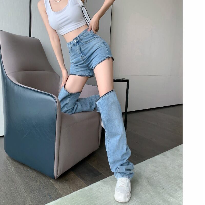 ジーンズ ハイウェスト薄手サマーパンツ 夏物 ブラックストロベリース40127457624