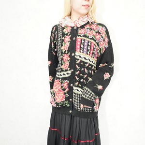 USA VINTAGE Portraits by Nothern isles HAND EMBROIDERY DESIGN RAMIE COTTON KNIT CARDIGAN/アメリカ古着ハンド刺繍デザインラミーコットンニットカーディガン