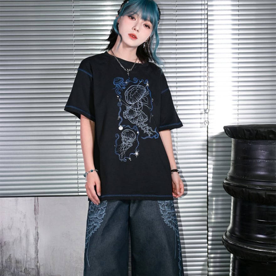 サブカル系 クラゲプリント半袖Tシャツ 黒×青ステッチ