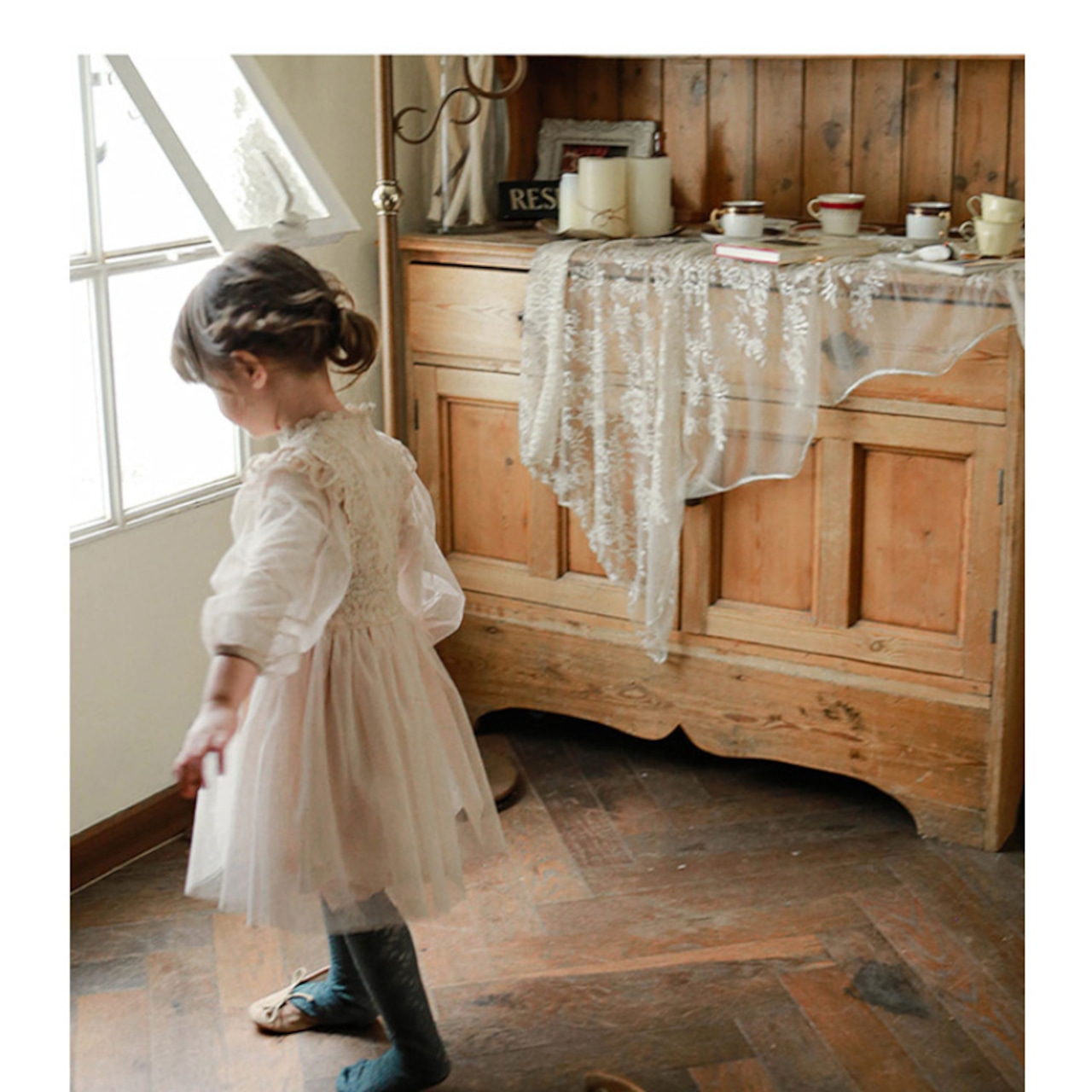 春ランタンスリーブチュールワンピース3色