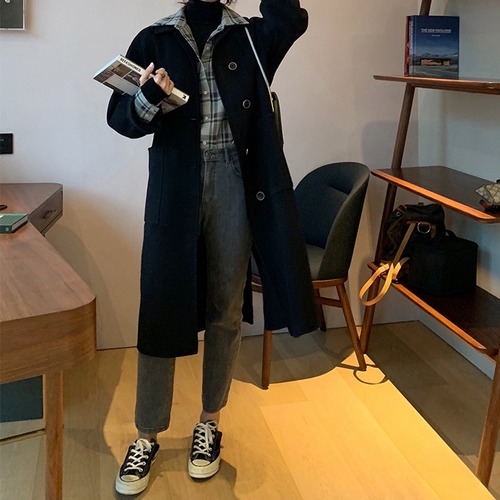 ウールコート　ロング丈　長袖　ポケット　ベルト付き　シンプル　通勤スタイル　カジュアル　秋冬　レディース