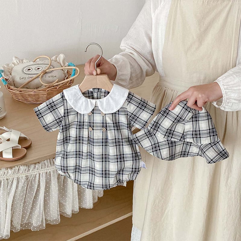 BABY】夏新作チェック柄ガーゼ学院風ロンパース＆帽子付き | 韓国子供