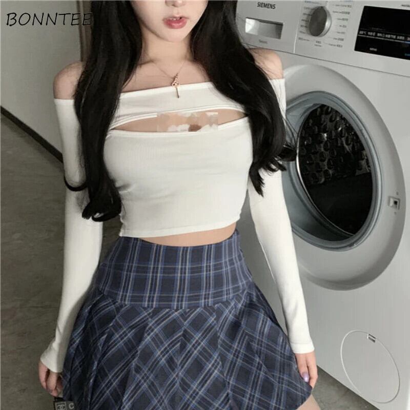 【新作】【送料無料】 長袖 Tシャツ女性中空アウトスキニー Hotsweet ホワイトセクシーなかわいいオールマッチ春クロップトップススラッシュネック Y2k 服オル 0235670848174