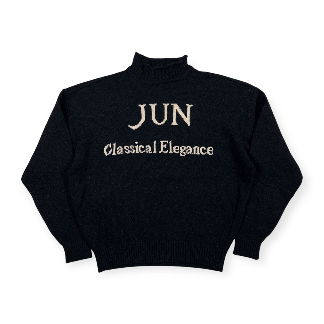 80s 90s JUNMEN ジュンメン ビンテージ BIGロゴ入りハイネック シルク混 ウールニットセーター /メランジブラック系/オールド