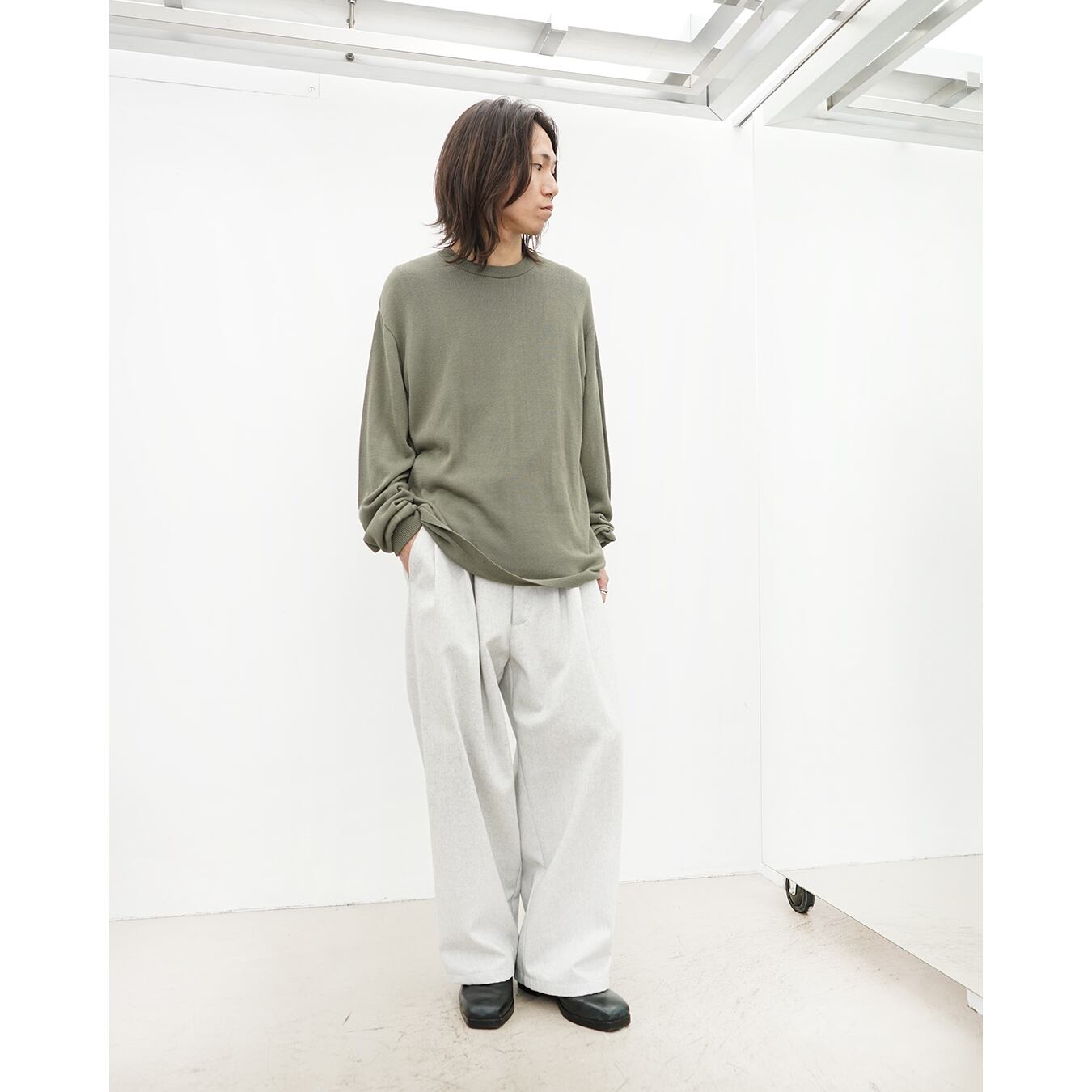 Blanc YM] (ブランワイエム) BL-23S-WKLS Wide Knit L/S Shirt (Khaki