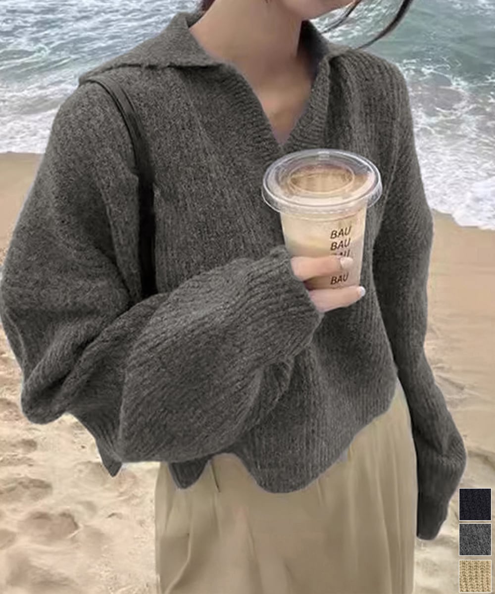 スキッパーニットvネック 襟付きセーター 87YANQIU-001