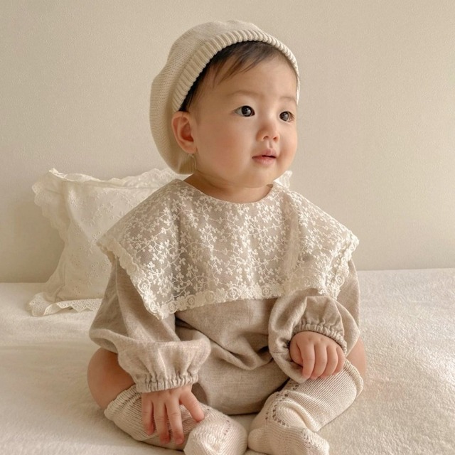 【BABY】秋新作レースビッグカラーロンパース ベビー 女の子 長袖コットン