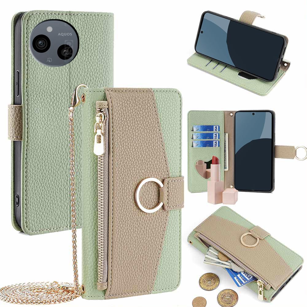 TOO&SOO 対応 AQUOS sense 10 / 9 ケース 手帳型 ミラー付き アクオスセンス10 ケース ショルダー SH-53F SH-M33 カバー aquosセンス9 手帳型ケース ストラップ付き SH-53E SHG14 SH-M29 カバー スタンド機能 カード収納 耐衝撃 肩掛け アクオスsense10 スマホケース おしゃれ 女性 柔らかいTPU 斜め掛け - 緑