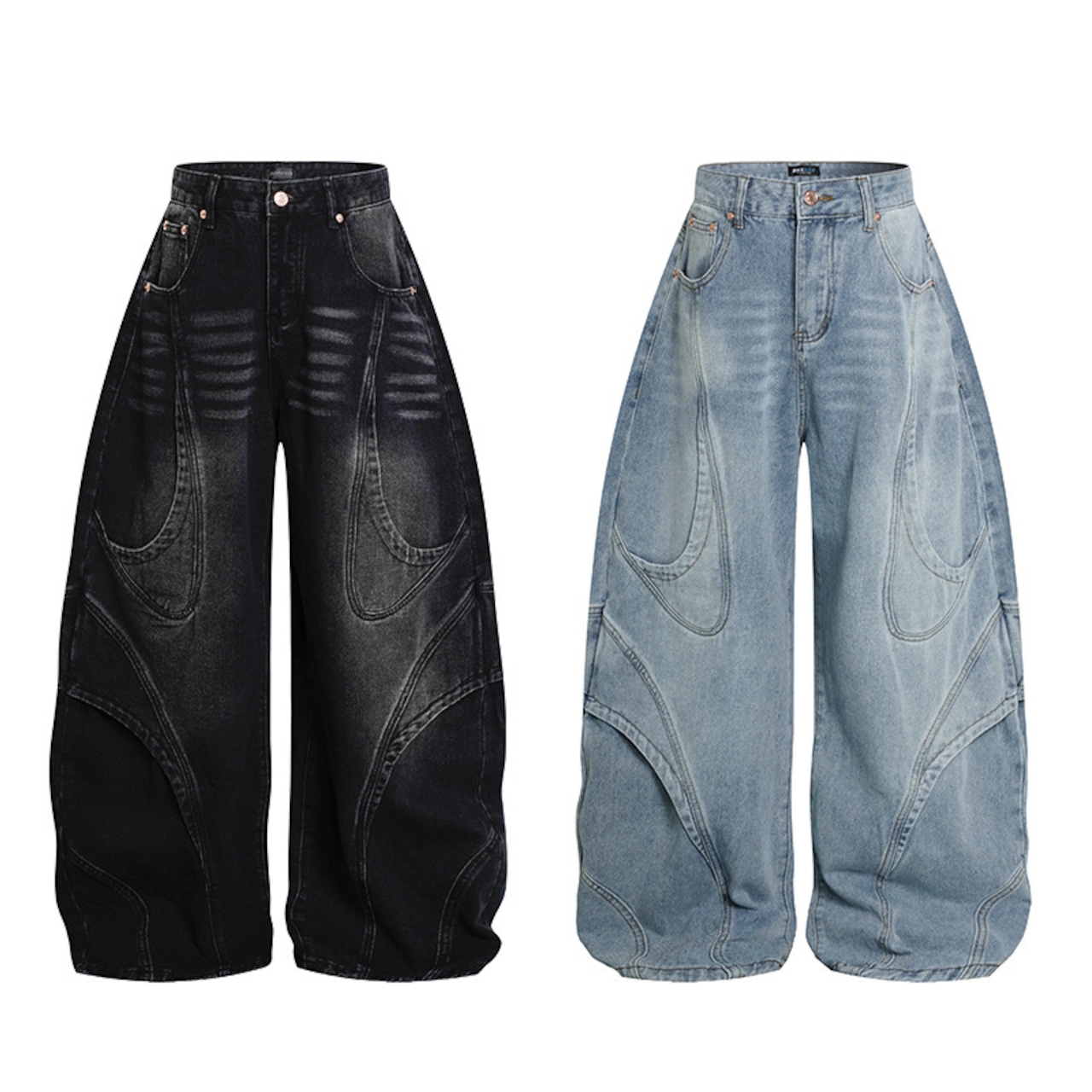 VINTAGE ストリート アーク切替 ワイドデニムパンツ P464