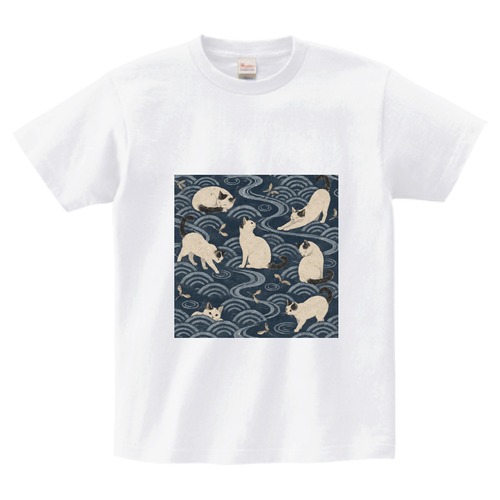 猫づくし「白猫と藍波」｜和モダン猫柄 ヘビーウェイトTシャツ・ホワイト