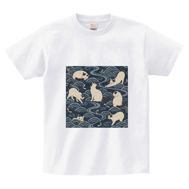 猫づくし「白猫と藍波」｜和モダン猫柄 ヘビーウェイトTシャツ・ホワイト