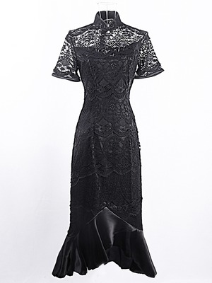 チャイナドレス ワンピース チャイナ風服 中華服 スタンドネック 半袖 ロング丈 エレガント 着痩せ 上品 大きいサイズ S M L Ll 3l 4l 普段着 パーティー 女子会 レース マーメイドライン ブラック 黒い Elegant チャイナドレス ワンピース チャイナ風服 中華服 スタンドネック 半袖 ロング丈 エレガント 着痩せ 上品 大きいサイズ S M L Ll 3l 4l 普段着 パーティー 女子会 レース マーメイドライン ブラック 黒い Elegant